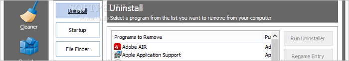 Showing the CCleaner uninstall panel